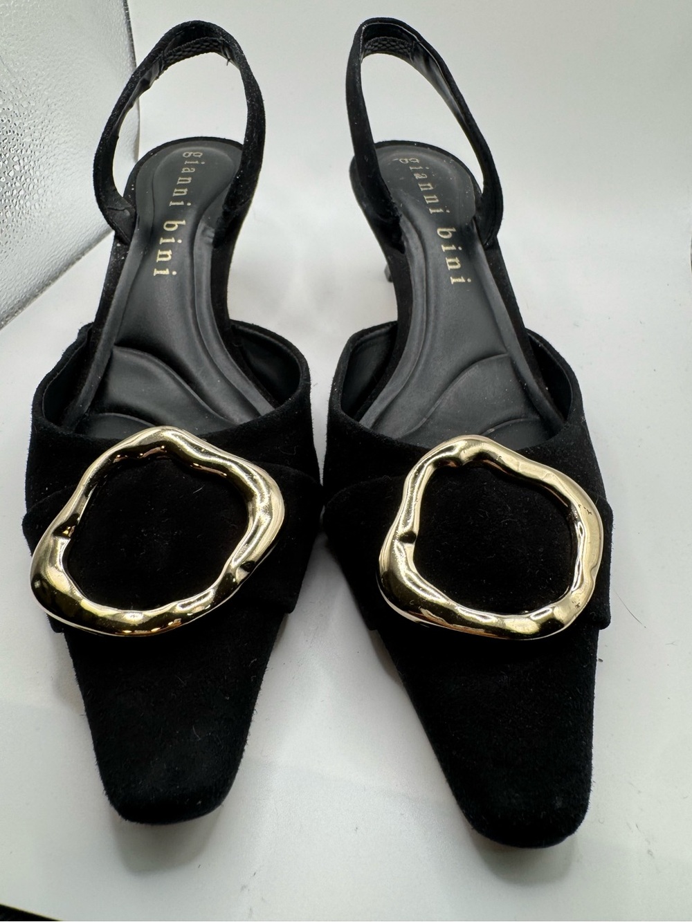 Gianni Bini Black Slingback Mules with Gold Ring Accent
